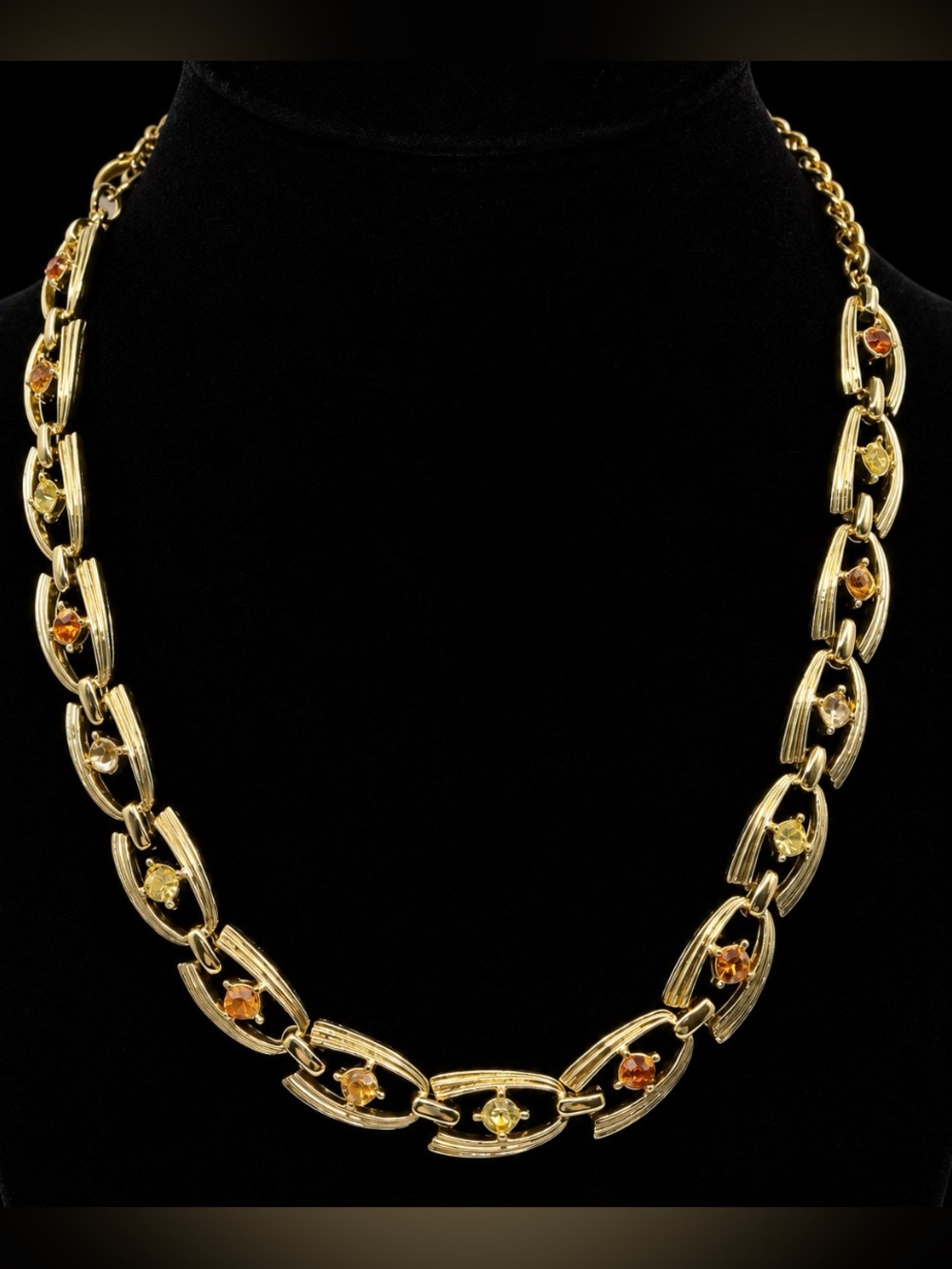 Coro Gold Tone Multi Colored Rhinestone Linked Necklace Vintage Beautiful *Read*